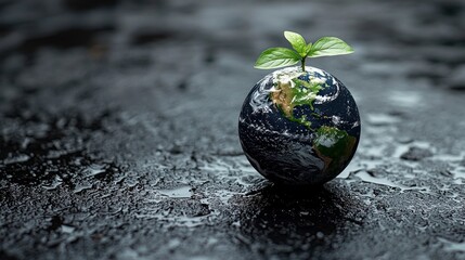 Wall Mural - Small plant sprout growing on a miniature Earth globe on wet dark surface.