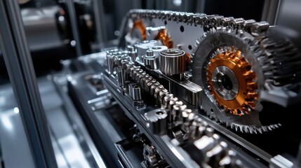 Poster - Close up of an industrial roller chain smoothly driving copper and steel gears within complex machinery, showcasing precision engineering and automation in a modern manufacturing setting