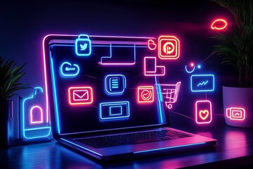 Aufkleber - Dynamic Neon Icons on Laptop Screen Representing Social Media and Digital Communication : Generative AI