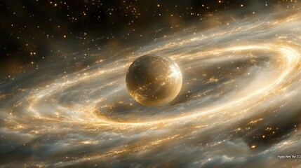 Wall Mural - A gold planet encircled by a luminous swirling galaxy. Ideal for sci-fi, fantasy, or space-themed projects. Suitable for wallpaper or print.