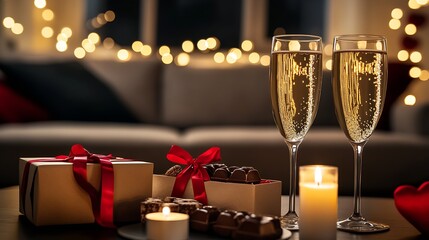 Poster - Cozy Festive Evening with Champagne Gift Wrapped Boxes and Glowing Candlelight Ambiance : Generative AI