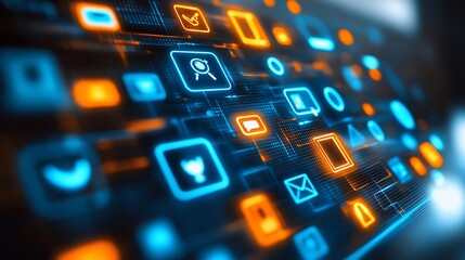 Poster - Futuristic Digital Interface with Glowing Icons in Blue and Orange Tones for Tech and Innovation Concepts : Generative AI