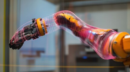 Poster - Robotic arm performing industrial automation tasks in a modern factory, enhanced by an augmented reality interface for improved precision and control