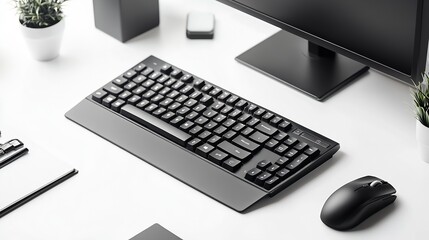 Aufkleber - Modern Minimalist Workspace Setup with Black Keyboard and Computer Accessories : Generative AI