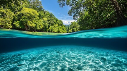 Aufkleber - Pristine Tropical River and Lush Green Jungle Over-Underwater View with Sunlit Water : Generative AI