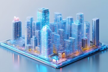 Aufkleber - Blue Neon Digital City Model with Skyscrapers and Luminescent Streets Technology Concept Art : Generative AI