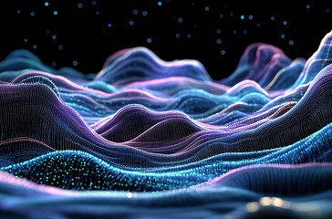 Aufkleber - Dynamic Abstract Cyber Landscape with Luminescent Waves Under a Star-Filled Night Sky : Generative AI