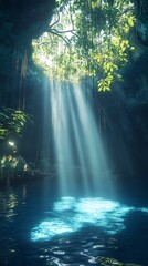 Poster - Sun Rays Through Greenery in Mystical Cenote with Crystal Clear Water : Generative AI