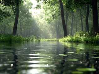 Poster - Tranquil Forest Reflections on Serene River Scene with Sunlit Trees : Generative AI