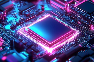 Fototapete - Illuminated Circuit Board Microchip with Digital Technology and Neon Lights : Generative AI