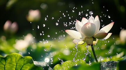 Poster - Serene Lotus Flower Blooming with Water Droplets in Natural Sunlight : Generative AI