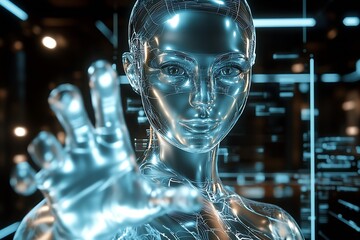 Aufkleber - High-tech cybernetic humanoid robot with luminous circuitry in digital futuristic setting : Generative AI