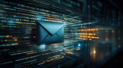 Aufkleber - Abstract illustration of a digital envelope sending messages through a network of glowing data streams, representing modern communication technology and information exchange.