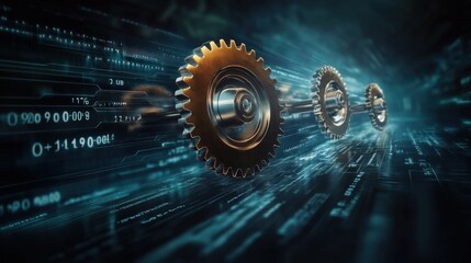 Poster - High-Quality Close-Up of Interlocking Gears with Futuristic Digital Background Illustrating Technology, Engineering, and Innovation Concepts in Motion