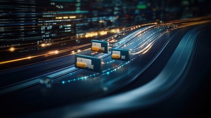 Aufkleber - Futuristic Digital Interface Representing Data Transfer with 3D Devices on Moving Lines Symbolizing Speed and Modern Technology in a Night Cityscape