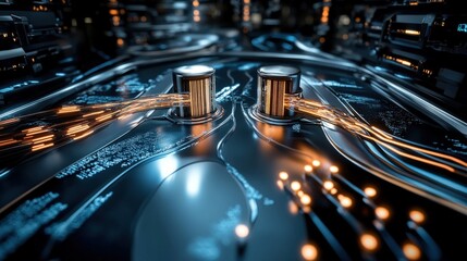 Aufkleber - Futuristic Technology Concept with Glowing Circuitry and Flowing Data Streams in an Abstract Digital Landscape for Innovative Projects and Designs