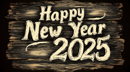 Vintage-style Happy New Year 2025 greeting on a rustic wood background. Ideal for cards, posters, social media, and website banners.