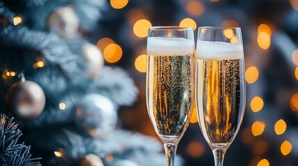 Poster - Holiday Joy with Champagne Glasses and Festive Lights on Christmas Tree : Generative AI