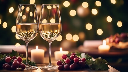 Poster - Exquisite Wine Glass Pair with Flickering Candlelight and Rich Holiday Decor : Generative AI