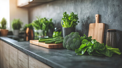 Wall Mural - Fresh green vegetables displayed on modern kitchen counter, creating vibrant atmosphere