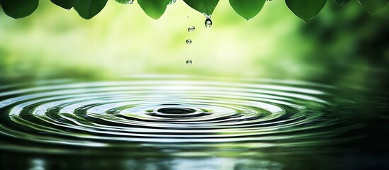 Poster - Raindrop Creating Ripples in a Calm Pond Surrounded by Green Foliage : Generative AI