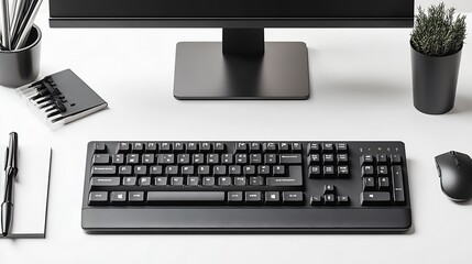 Aufkleber - Sleek and Professional Desk Arrangement with Black Keyboard Monitor and Office Supplies : Generative AI