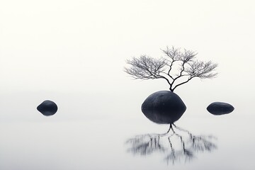 Aufkleber - Solitary Tree on Island Reflecting in Tranquil Waters Creating a Zen Ambiance : Generative AI