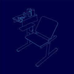 Poster - Blue chair with a shelf underneath it. The shelf has a bottle of medicine on it. The chair is empty