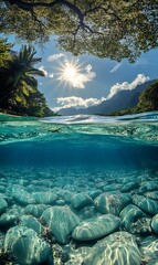 Poster - Underwater Rocks in Tropical River with Sunrays through Lush Trees and Mountains : Generative AI