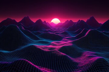 Poster - Vibrant Cyberpunk Synthwave Landscape with Digital Grid Mountains at Sunset : Generative AI