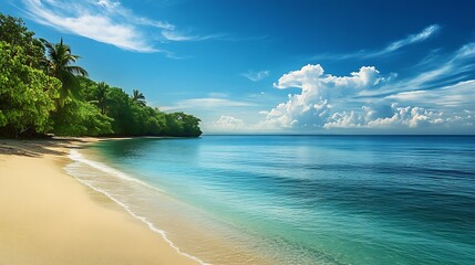 Poster - Pristine Sandy Shore with Azure Sea and Lush Green Forest Under Vibrant Blue Skies : Generative AI