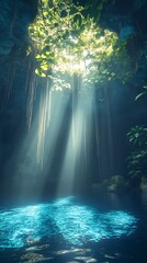 Poster - Magical Sunlit Underground Cave with Azure Water and Lush Foliage : Generative AI