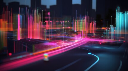 Poster - Colorful digital information is flowing on the roads of a futuristic smart city at night, creating a vibrant and technological urban landscape