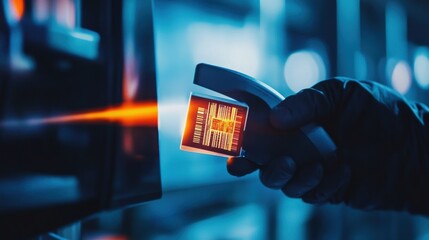 Poster - gloved hand holding barcode scanner reading label on cardboard box in futuristic warehouse, managing