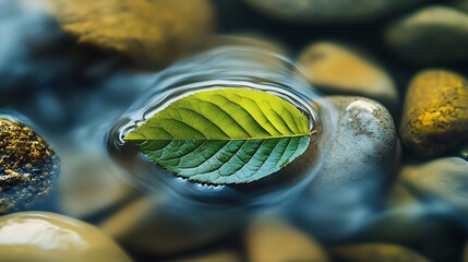 Aufkleber - Vibrant Green Leaf in Rippling Water Surrounded by Smooth Stones Nature Harmony : Generative AI