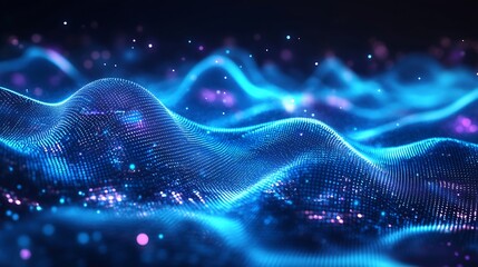 Poster - Dynamic Digital Landscapes with Blue Neon Waves and Glowing Particles : Generative AI