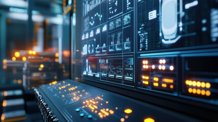 Poster - futuristic control panel featuring complex data visualizations across multiple screens, highlighting
