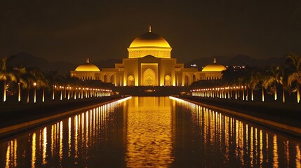 Poster - A majestic golden mosque illuminated at night reflected in a long pool. Ideal for travel, architecture, and cultural applications.