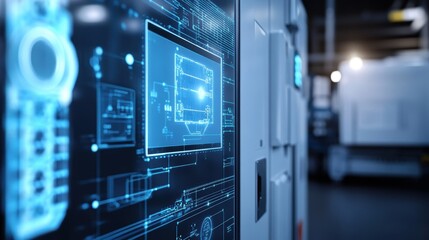 Aufkleber - Complex digital schematics and data are displayed on a futuristic control panel's holographic interface, suggesting advanced technological processes within a modern industrial environment