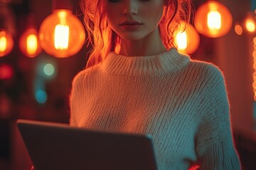 Modern office scene featuring confident young female programmer with laptop in warm lighting at her workplace