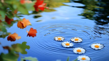 Poster - Autumn Leaves and Daisies Creating Serene Water Reflection Scene : Generative AI