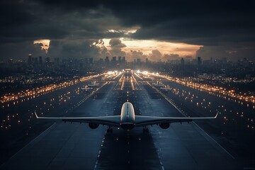 Poster - Airplane on illuminated runway at dusk with cityscape backdrop and dramatic cloudy sky : Generative AI