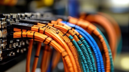 Poster - Orange and blue network cables are connecting to a motherboard in a data center, ensuring seamless data transmission and network connectivity