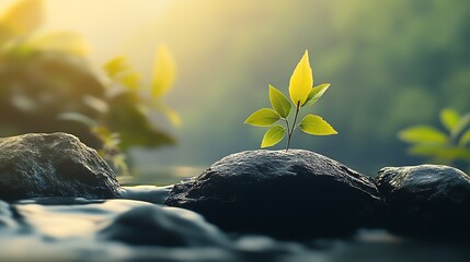 Poster - Bright Green Leaves Emerge from Rock in Gentle Creek Landscape : Generative AI