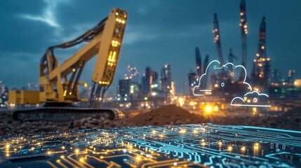 Poster - Printed circuit board connecting to cloud computing with an excavator and industrial zone in the background at dusk, symbolizing the digital transformation of the construction industry