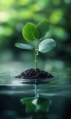 Poster - Growth of Young Sapling with Dew on Soil Island Amidst Rippling Water : Generative AI