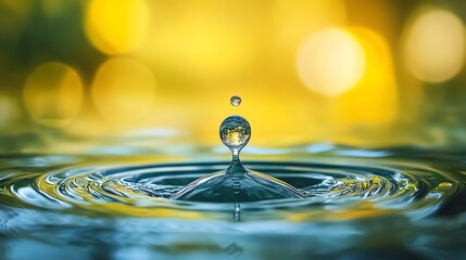 Aufkleber - Serene Water Droplet Landing with Perfect Ripples and Bright Bokeh Background in Nature : Generative AI