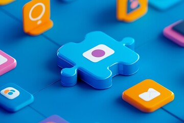 Poster - Digital puzzle piece with colorful icons on blue background : Generative AI