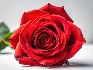 Crisp, detailed red rose photograph; shallow depth of field showcases the bloom against a clean white background.