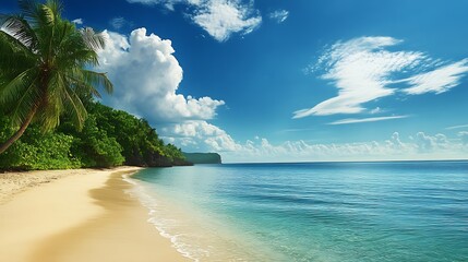 Poster - Exotic Tropical Beachfront with Lush Vegetation Pristine Ocean and Expansive Blue Skies : Generative AI